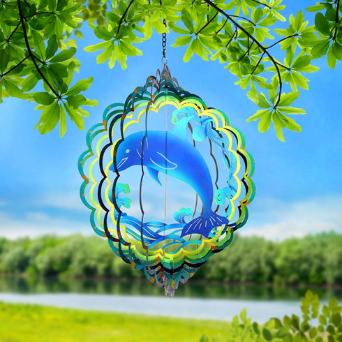 Wind Spinners Dolphint Gifts for Men Women-12 Inch 3D Stainless Hanging Garden Decor Metal Wind Sculptures for Spinner Sea Wave Outside Garden Win...