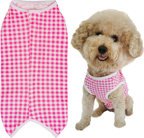 Dog’s Recovery Suit Post Surgery Shirt for Puppy, Wound Protective Clothes for Little Animals(pink white plaid-xs)...
