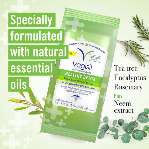 Vagisil Wipes for All Over Cleaning, Health Detox, Formulated with Essential Oils, 20 Wipes in a Re-Sealable Pouch (Pack of 3)...