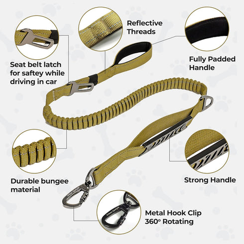 Urban Upstyle Double Handle Heavy Duty Dog Leash with Bungee Cord Stretch Seat Belt Latch and Poop Bag Dispenser (Army Green)...
