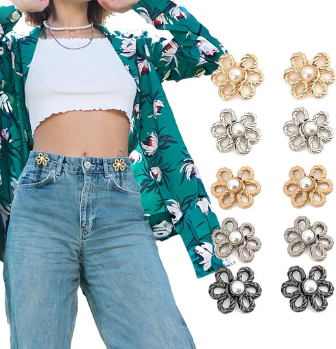 10 Sets Flower Jeans Button Pant Waist Tightener, Adjustable Jean Button Pin, Detachable Jean Button, No Sewing Buttons for Jeans Pant Clips for L...