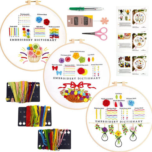 MAMUNU 3 Sets Embroidery Kit for Beginners, Embroidery Stitch Practice Kit with Floral Patterns, Embroidery Starter kit Cross Stitch Kits with Thr...