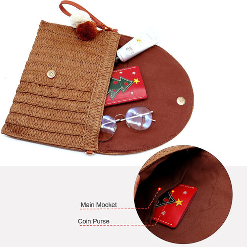 Straw Crossbody Bag Straw Brown Shoulder Bag Casual Beach Straw Handmade Bag for Women...