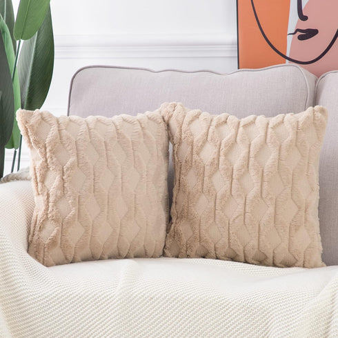 MADIZZ Set of 2 Soft Plush Short Wool Velvet Decorative Throw Pillow Covers 16x16 inch Khaki Square Luxury Style Cushion Cases Pillow Shell for So...