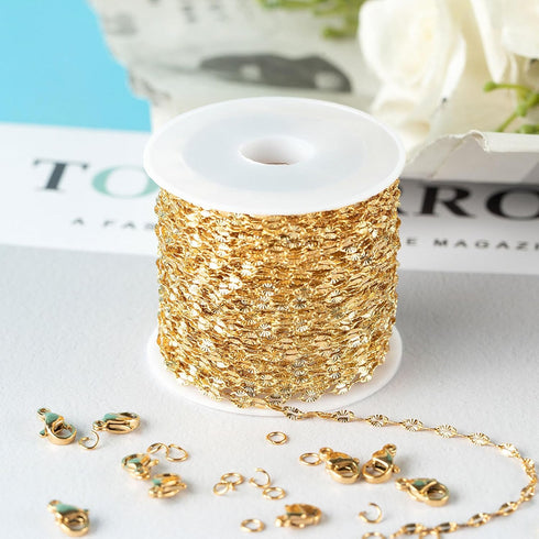 Kyutong 32.8 Feet Gold Plated Stainless Steel Chain for Jewelry Making Thin Embossed Lip Chain Link Necklace Making Supplies with Lobster Clasps J...