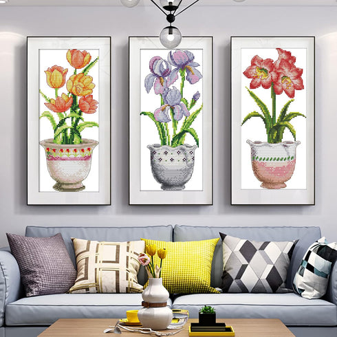 ITSTITCH Cross Stitch Kits for Adults 3 Pack Flowers Crossstitching Kits Preprinted 11CT Printed Cross Stitch Kits for Beginner Prestamped Easy Pa...