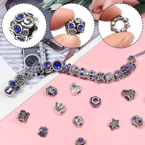 TOAOB 30pcs Dark Blue Large Hole European Beads Antique Silver Metal Rhinestone Rondelle Spacer Charms Beads Assortments for Bracelets Necklaces J...