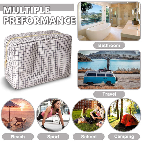 Waterproof Large Makeup Bag Pouch,Nylon Women Travel Toiletry Storage Bag Checkered Cosmetic Bag for Girls,Big Preppy Makeup Organizer Bag Zipper ...