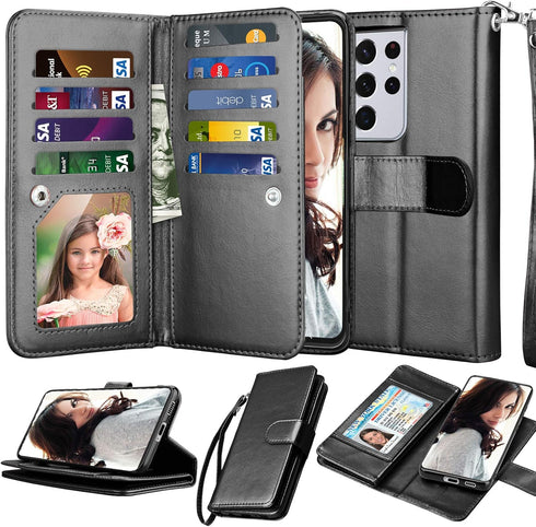 Njjex Wallet Case for Galaxy S21 5G - 9 Card Slots, PU Leather, Detachable Kickstand, Magnetic Cover & Lanyard - Black...