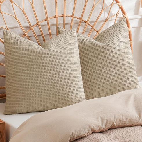 PHF 100% Cotton Waffle Weave Euro Shams 26" x 26", No Filling, 2 Pack Elegant Home Decorative Euro Throw Pillow Covers for Bed Couch Sofa, Khaki...