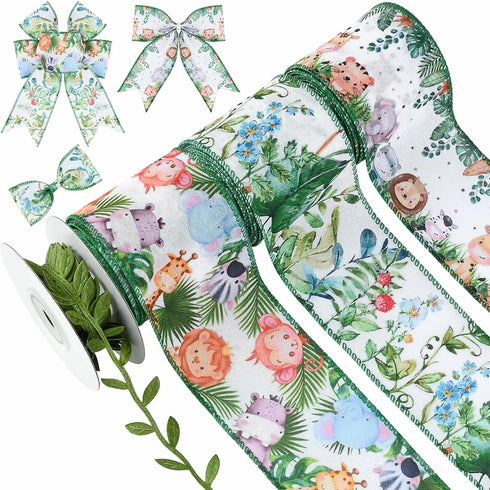4Rolls 20 Yards Jungle Animal Themed Wired Edge Ribbon 2.5 Inch Forest Printed Burlap Ribbon Green Leaf Ribbon Cute Animal Print Ribbon for Birthd...