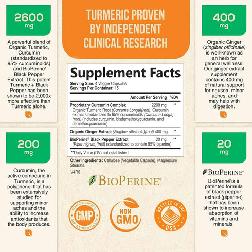 Turmeric Curcumin with BioPerine & Ginger 95% Curcuminoids 2600mg - Natural Joint & Heart Support, Black Pepper for Max Absorption - Health Nutrit...