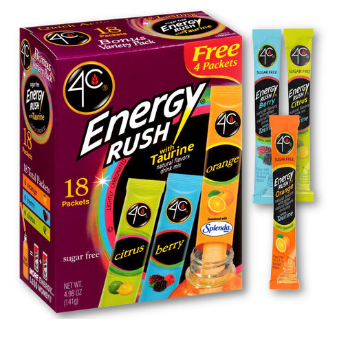 4C Energy Rush Drink Mix - Pack of 2 Boxes - 18 Packets Each - Makes 36 Servings - 6 Orange, 6 Berry, 6 Citrus Packets - Bonus Variety Pack -Net W...