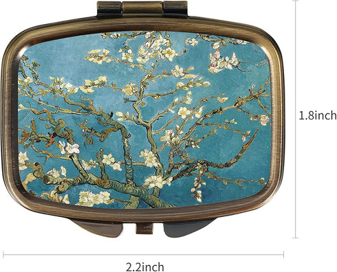 Dynippy Pill Case Pill Box with Mirror Retro Pocket 2 Compartment Medicine Case Vitamin Pill Organizer for Pocket Purse and Travel (A-Plum Blossom...