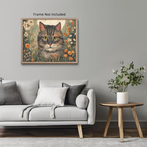 Posterizer 1 pcs- gray cat in the middle of flowers-Art for Animal Lovers-Floral Botanical Art- Gift for Men Women Entrepreneur Teens-Decor for Ho...