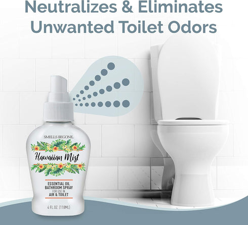 SMELLS BEGONE 4 oz Essential Oil Air Freshener Bathroom Spray - Eliminates Bathroom & Toilet Odors - Made with Essential Oils - Hawaiian Mist Scen...
