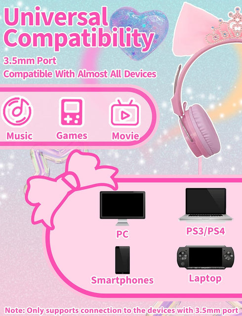 Priness Wired Kids Headphones with Mic for School/Travel,95dB Volume Limited,Shareport,On/Over Ear Bow Headsets with Nylon Cable-Pink...