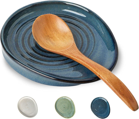 Ceramic Spoon Rest for Stove Top, Spoon Holder for Kitchen Counter, Farmhouse Cooking Utensil Holder for Spoons, Ladles, Spatula, Glazed Blue...