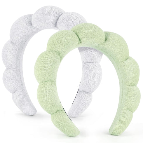 Spa Headbands for Women Ladies- Puffy Makeup Headband Combo Pack- Set of 2 Terry Towel Cloth Fabric Hair Bands for Washing Face(white+light green)...