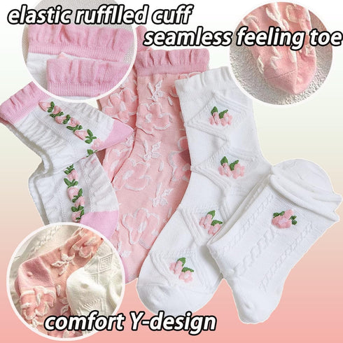 Cute Pink White Floral Women Ankle Sock Stripe Lettuce Trim Knitted Comfy Embroidered Girl Sock Gift 4 & More Pairs...