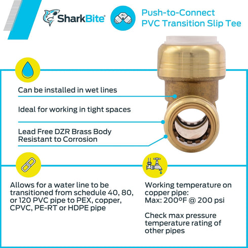 SharkBite 1/2 Inch CTS x 1/2 Inch CTS x 1/2 Inch PVC Slip Tee, Push To Connect Brass Plumbing Fitting, UIP363A...