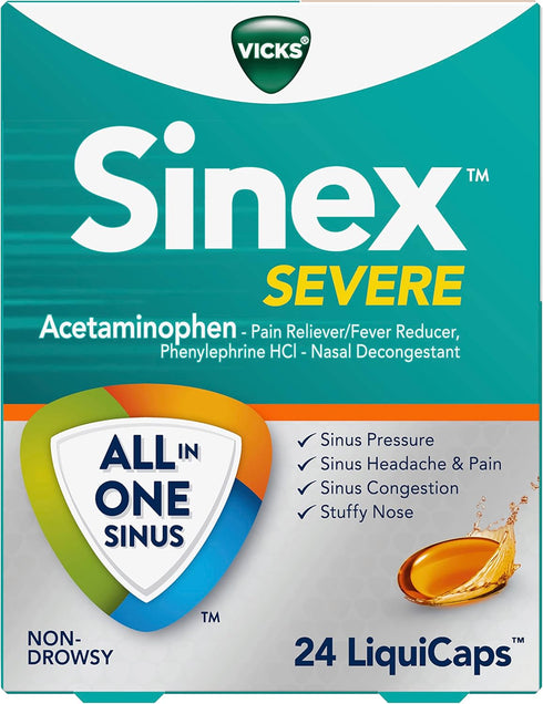 Vicks Sinex SEVERE LiquiCaps, All-In-One Sinus Relief, Non-Drowsy, Nasal Decongestant, Maximum Strength Relief of Sinus Headache, Pain, Pressure, ...