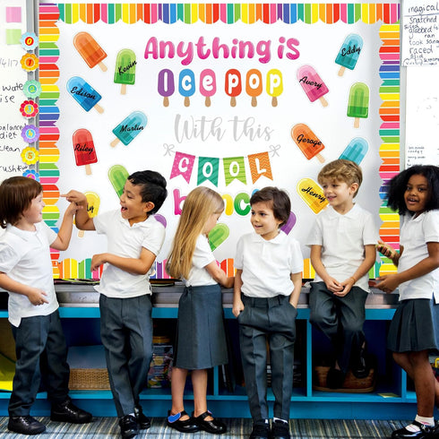 53 Pcs Summer Bulletin Board Decorations Set Ice Pop Classroom Decor Ice Lolly Paper Cutouts with Bulletin Board Borders for Summer Ice Cream Part...