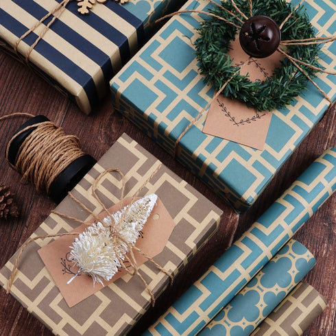 RUSPEPA Reversible Kraft Wrapping Paper Sheet - Navy Geometric Design Kraft Paper - 6 Sheets Packed as 1 roll - 17.5 x 30 inches per Sheet...