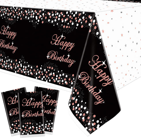 3 Pack Black and Rose Gold Tablecloth Party Decorations - Plastic Disposable Birthday Tablecloth, Black and Rose Gold Confetti Rectangle Table Cov...
