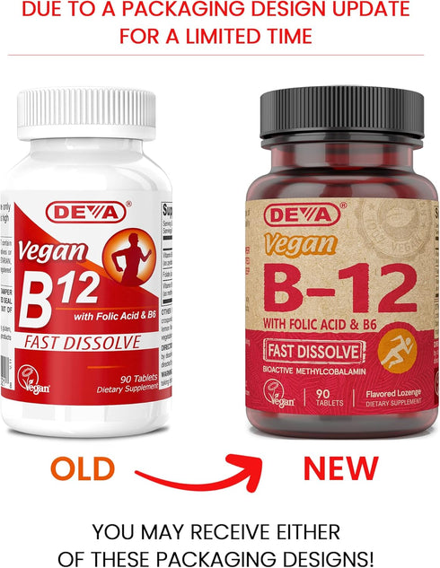 DEVA Vegan Vitamin B12 Fast Dissolve Supplement - Once-Per-Day Complex with 1000 Mcg Methylcobalamin B12, Folic Acid, B6 - Lemon Flavor - 90 Disso...