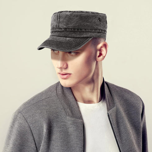Geyoga Army Cap 2 Pieces Cadet Military Hat for Men Women Washed Cotton Flat Top Cap Unisex Outdoor Sports Casual Sun Hat...