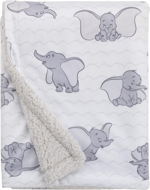 Disney Dumbo White and Grey Super Soft Baby Blanket with Sherpa Back...