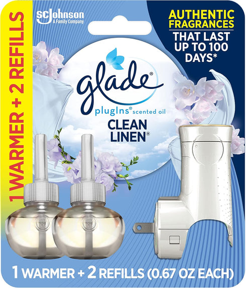 Glade PlugIns Refills Air Freshener Starter Kit, Scented and Essential Oils for Home and Bathroom, Clean Linen, 1.34 Fl Oz, 1 Warmer + 2 Refills...