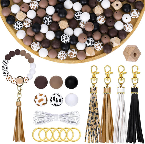 JarThenaAMCS 100Pcs Cow Print Silicone Beads Assorted Brown Black White Round Rubber Beads Keychain Making Kit with Elastic Rope Wood Beads Key Ri...