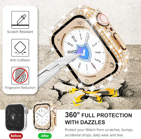 Wingle 2 Pack Waterproof Bling Case for Apple Watch 44mm Screen Protector SE Series 6 5 4, 2 in 1 Full Glitter Bling Diamond Rhinestone Bumper Fac...