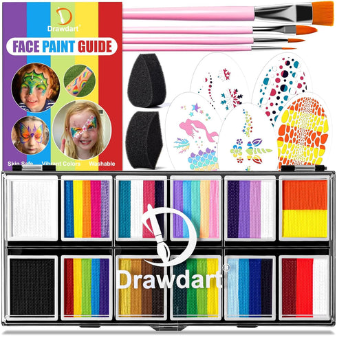 Professional Face Painting Kit for Kids Adults, Split Cake Face Paint Palette 12 x 10gm with Stencil, One Stroke Non Toxic Rainbow Face Body Paint...
