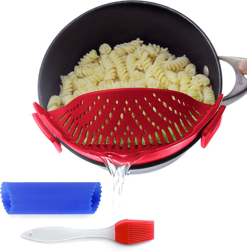 Clip On Kitchen Food Strainer for Spaghetti, Meat, Pasta, & Ground Beef Grease, Colander & Sieve Snaps or Clips Onto Bowls, Pots & Pans Includes S...