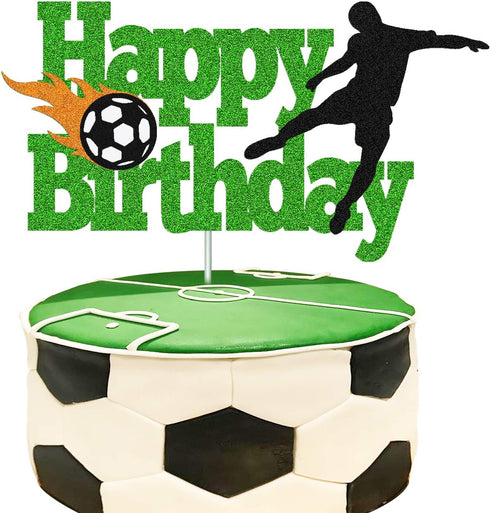 Soccer Cake Topper Happy Birthday Sign Football Player Cake Decorations for Sport Theme Man Boy Girl Birthday Party Supplies Double Sided Green Sp...