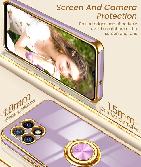 Dretal for T-Mobile REVVL 7 5G Case with 2X Screen Protector, 360° Rotatable Ring Holder Magnetic Kickstand,Plated Gold Edge Slim Soft TPU Protect...