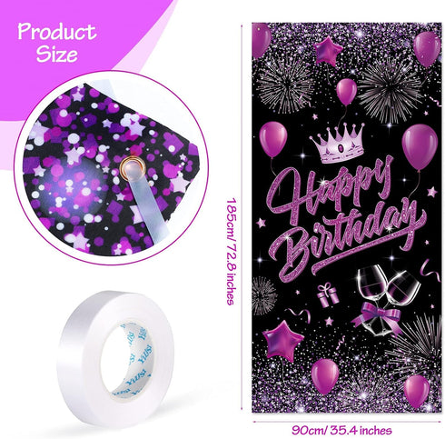 Purple Happy Birthday Door Banner Black Party Decorations for Women Girls Large Cover Backdrop Supplies Background Poster Photo Booth...