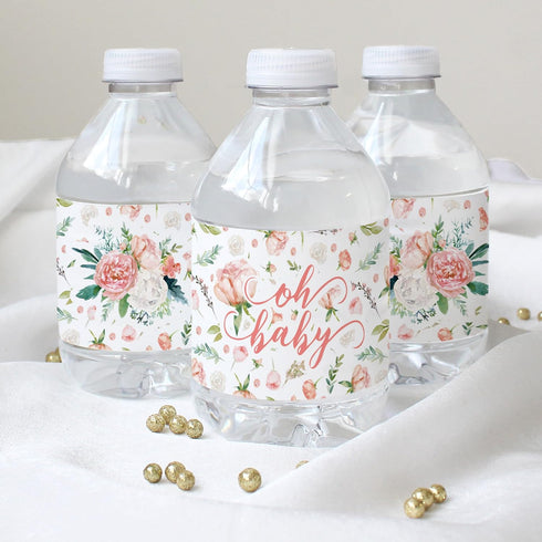 Baby in Bloom Baby Shower Water Bottle Labels, 20 Waterproof Stickers for Pink Floral Boho Girl Baby Shower...