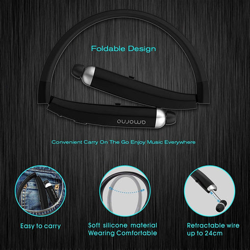 AMORNO Foldable Bluetooth Headphones, Wireless Neckband Sports Headset with Retractable Earbuds, Sweatproof Noise Cancelling Stereo Earphones with...