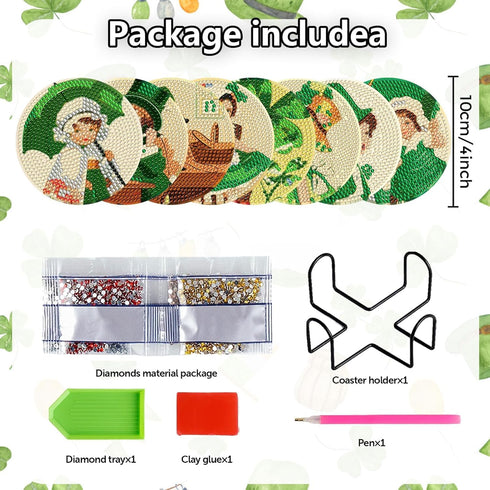 8 Pieces Vintage St. Patrick's Day Diamond Coasters Kits with Holder DIY St. Patrick's Day Diamond Art Coaster Coaster for Adults Diamond Kits Sup...