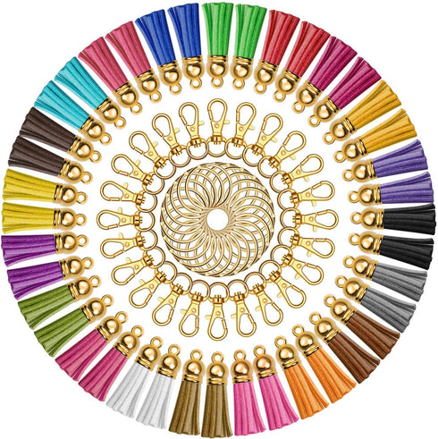 Anezus 100Pcs Craft Tassel Set - 50 Tassels, 25 Lobster Clasp Keychains, 25 Rings for Acrylic Keychains, Gold...