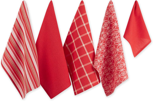 DII Assorted Woven Kitchen Set, Dishtowel, 18x28, Dishcloth, 13x13, Red, 5 Piece...