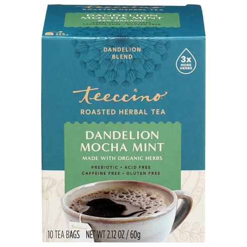 Teeccino Dandelion Mocha Mint Tea - Caffeine Free, Roasted Herbal Tea with Prebiotics, 3x More Herbs than Regular Tea Bags, Gluten Free - 10 Tea B...