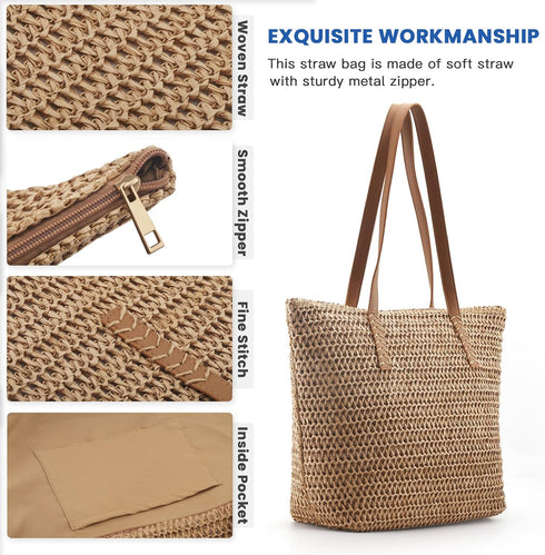 MABROUC Lightweight Straw Bag, Straw Beach Bag for Women, Large Woven Summer Tote Handbag Shoulder Bag for Outdoor Vacation...
