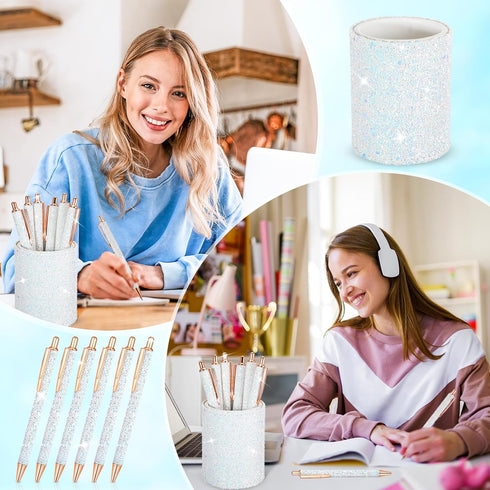 Bling Sequin Pen Holder with 6 Pcs Sequin Click Pens Cute Sequin Glitter Retractable Ballpoint Pens, Pencil Cups for Desk Organizer Makeup Brush H...