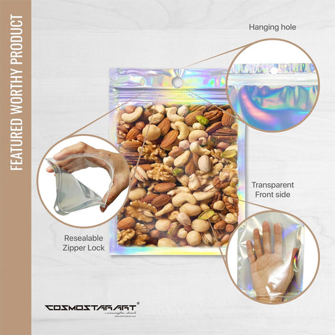 100 Pack Holographic Resealable Bags, Clear Front Mylar Ziplock Pouches for Multipurpose Storage (4"x6")...