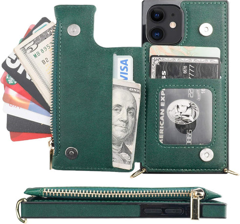 Bocasal Crossbody Wallet Case for iPhone 12/12 Pro with Card Holder,Zipper Card Slot Protector Shockproof Purse Cover with Removable Cross Body St...